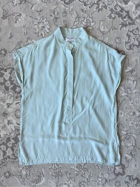 Frame Denim Light Blue Silk Short-Sleeve Mandarin Collar Blouse - Size XS